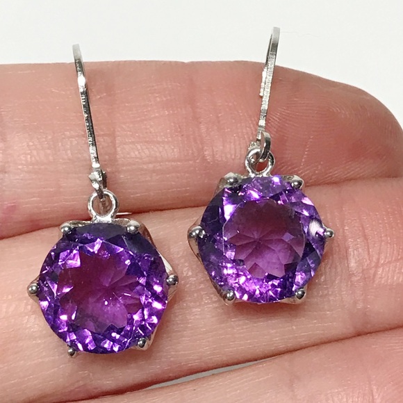 Artist Signed A 12mm Amethyst Round Cut 925 Sterling Silver Drop Earrings - Picture 11 of 17